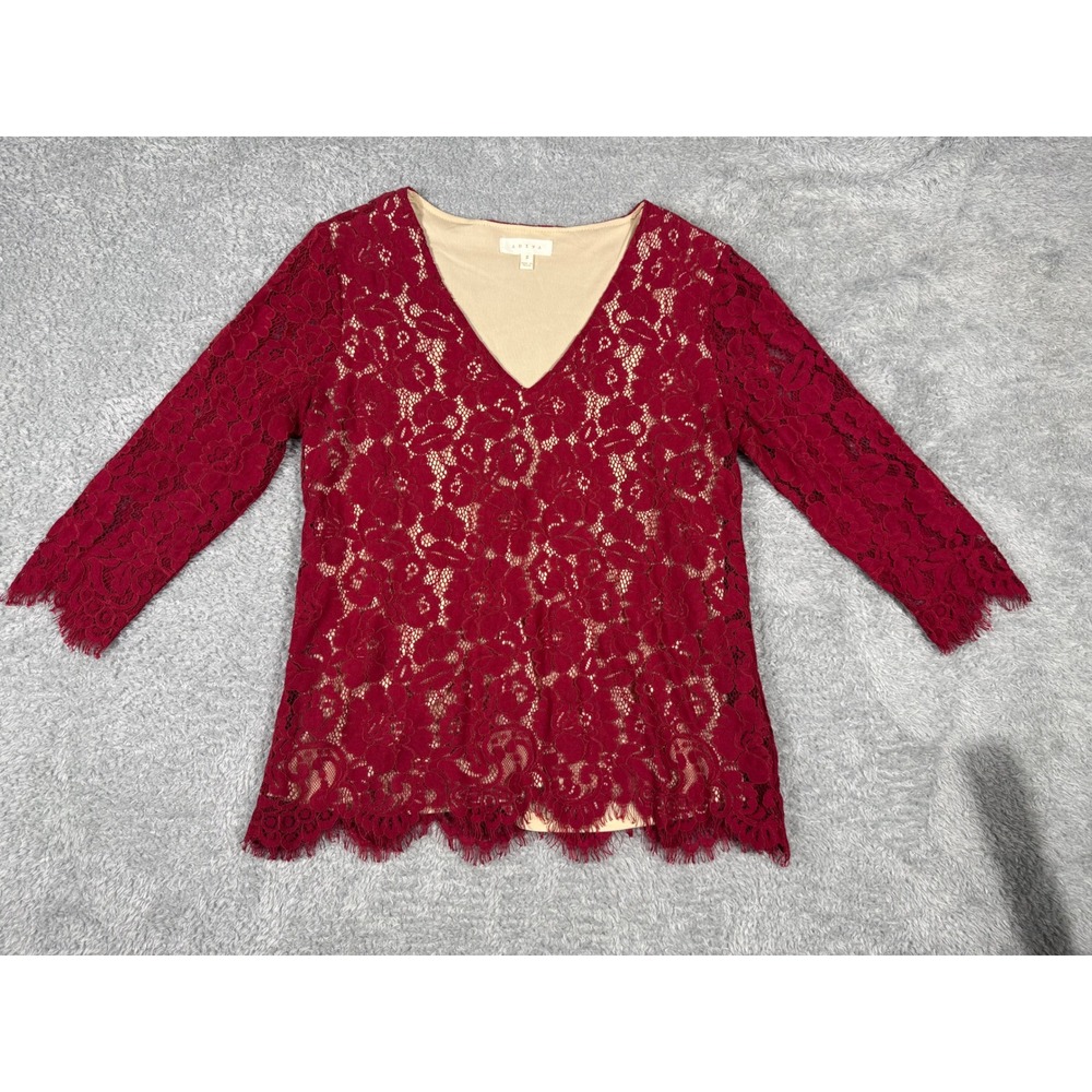 Adiva Lace Blouse Womens Small Burgundy Excellent V-Neck 3/4 Sleeve Floral Top